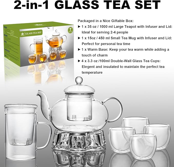 2-IN-1 Glass Tea Sets for Adults - Includes Glass Teapot and Mug with Infuser, Warmer Base, 4 Double Wall Glass Tea Cup - for Both Personal and Gathering Tea Time, Gifts for Tea Lovers