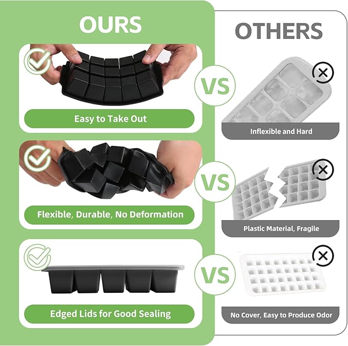 Silicone Ice Cube Tray with Locks Lids, Easy Release Flexible 15 Square Ice Trays for Freezer, Stackable & Reusable Ice Cube Mold for Whiskey, Cocktails, Baby Food, BPA Free, 2 Pack (Black)