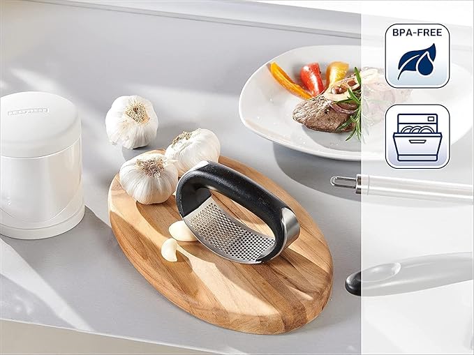 Leifheit Garlic-King Proline Garlic Press Rocker, Time Saving, Durable Strong Mincer Tool - Easy to Use & Clean Crusher, Dishwasher Safe, Kitchen Gadget Smasher, Black/Silver