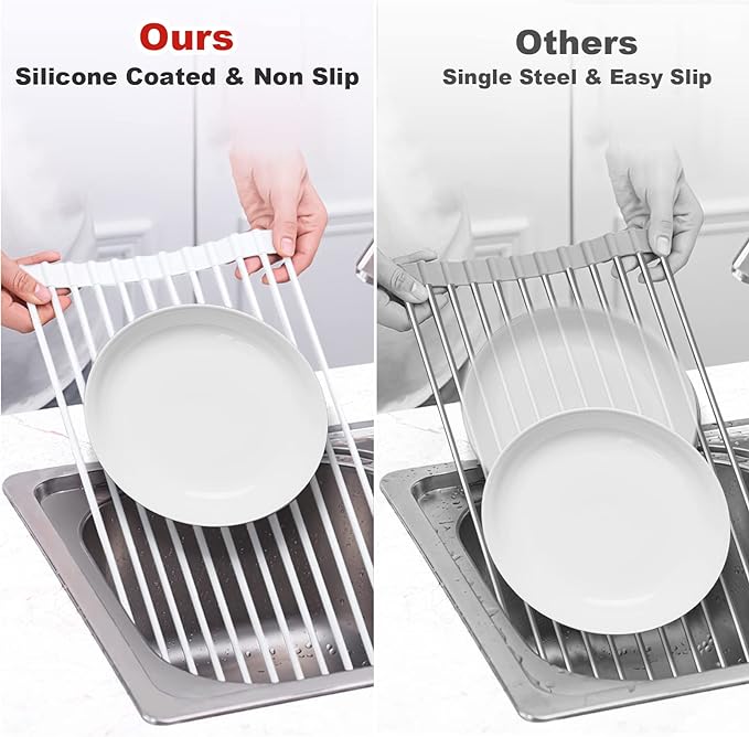 MERRYBOX Roll Up Dish Drying Rack Silicone Wrapped Over The Sink Dish Rack Foldable Dish Drainer Anti-Slip Dish Racks for Kitchen Counter, Multipurpose Kitchen Sink Drying Rack, 20.5" x 13", White