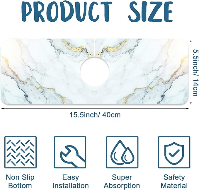 Marble Pattern Kitchen Sink Splash Guard Faucet Mat Gray Gold Marble Super Absorbent Fast Drying Mat Sink Splash Guard Behind Faucet for Kitchen Bathroom, 15.5"x5.5"