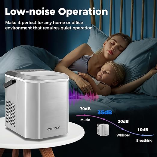 COSTWAY Countertop Ice Maker with Self-Cleaning, 9 Ice Cubes Ready in 6-13 Mins, 26.5Lbs/24H, 2 Sizes of Bullet Ice, Portable Ice Machine with Handle, Ice Scoop and Basket for Home Office (Silver)