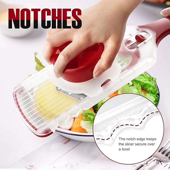 Mandoline Slicer with Hand-Held, Vegetable Slicer with Food Holder， Adjustable Stainless Steel Blade, Comfort Grip, Easy to Clean, Ideal for Speedy Slicing of Fruits and Vegetables