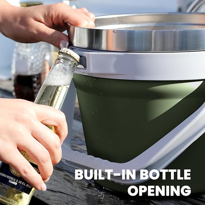COKTIK 7L Vacuum Insulated Ice Bucket with Lid，Large capacity Stainless Steel Beverage Bucket for Cocktail, Champagne, Wine, Beer，Large Parties（Army Green）