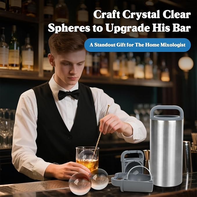 Clear Ice Cube Maker, 2.4" Stainless Steel & Non-BPA Silicone Ice Ball Maker Mold for Whiskey, Cocktails, & Bourbon, Drinks Gifts for Men Woman