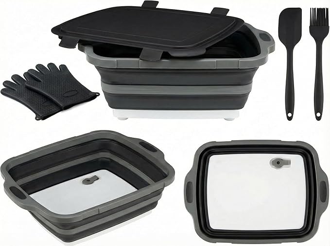 Collapsible BBQ Prep Tub with Lid & Cutting Board 8L - Meat Marinating Basin & Grill Carry System - 5pc Set with Heat Resistant Gloves, Basting Brush & Spatula(Black, Large, 8L)
