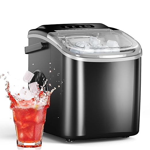 Ice Maker Countertop, Efficient Easy Carry Ice Machine, Self-Cleaning Ice Maker with Ice Scoop & Basket, 9pcs/ 6mins 26.6Lbs Per Day for Home/Office/Kitchen,Black