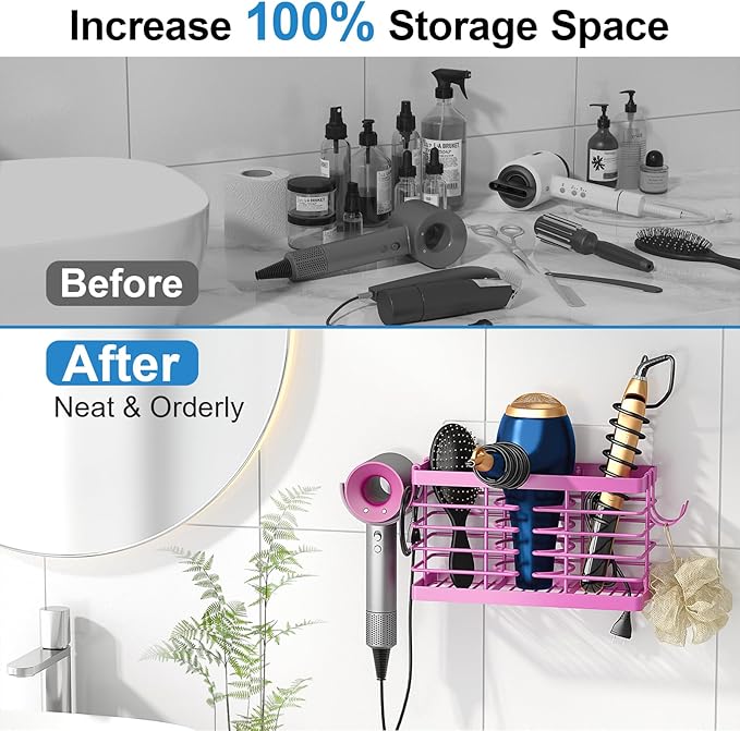 Sevenblue Hair Tool Organizer, 3-in-1 Universal Hair Dryer Holder, Adjustable Height Metal Blow Dryer Holder Wall Mounted/Over Cabinet Door/Free-Standing (Pink)