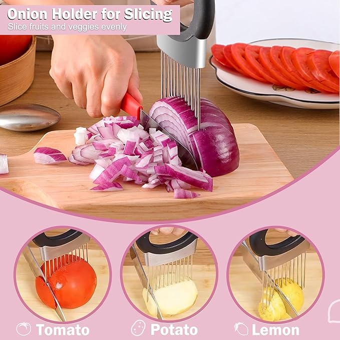 Onion Holder & Lemon Slicer Cutter Tool – Stainless Steel Vegetable & Fruit Slicing Assistant for Easy, Safe Cutting (Silver)