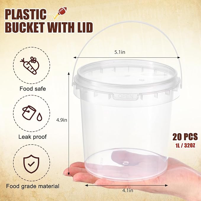 PerKoop 20 Pcs 32 oz Ice Cream Buckets with Lids and Handles Clear Cocktail Rum Buckets with Stickers Plastic Transparent Tub Reusable Food Storage Containers for Parties(Football)