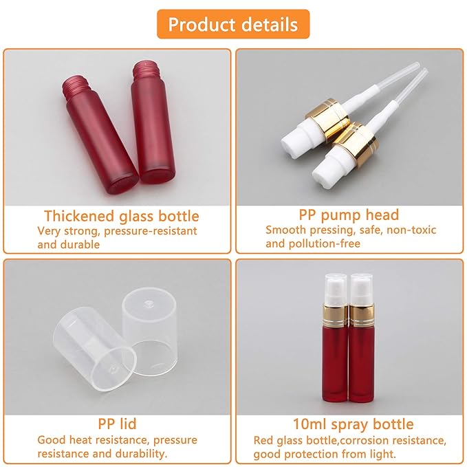 Ellbest 10ml Empty Essential Oils Mist Spray Glass Bottle Gradient Color Refillable Container for Perfume, Massage, Cleaning Products (10 Matte Red Bottles &5 Droppers &10 Funnels)