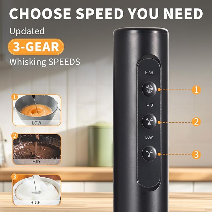 Rechargeable Handheld Milk Frother with Stand, 3 Speeds 3 Detachable Stainless Steel Whisks Electric Drink Mixer, Coffee Mixer for Lattes Cappuccino Matcha Eggs, Kitchen Gifts