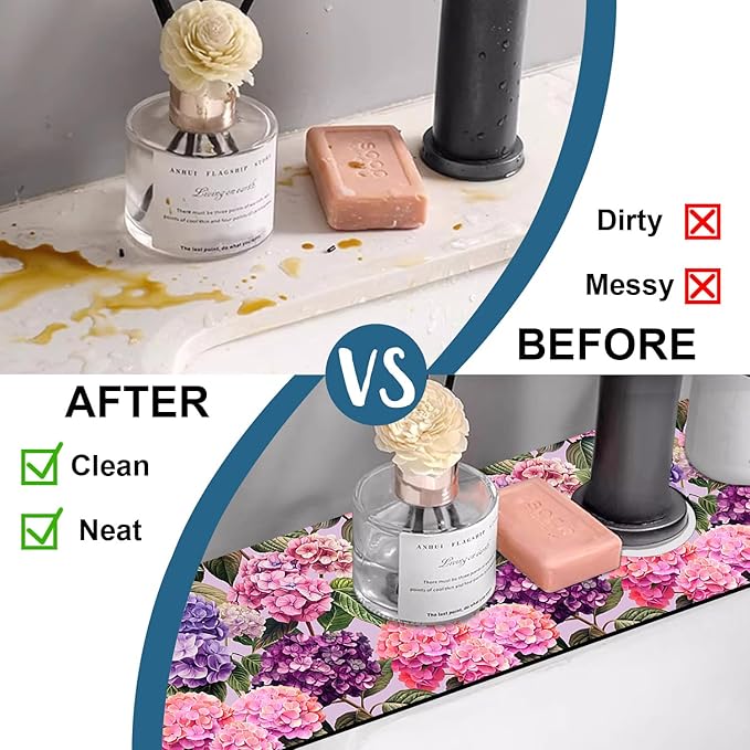 Colorful Hydrangea Kitchen Sink Splash Guard Faucet Mat Purple Pink Hydrangea Super Absorbent Fast Drying Mat Sink Splash Guard Behind Faucet for Kitchen Bathroom, 23.5"x5.5"