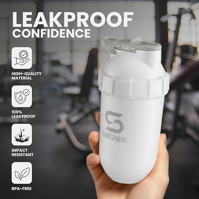 SHAKESPHERE Shaker Bottle - 24oz Leak Proof Protein Shaker Bottle for Pre Workout, Smoothie, and Powder Drink Mixes, No-Blade Mixer for Gym, BPA-Free, Easy Clean & Easy to Carry (Pearl White)