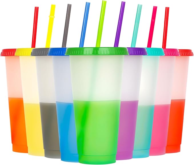 Color Changing Cups, 9 Pack 24oz Plastic Tumblers, Reusable Iced Coffee & Smoothie Cups with Lids and Straws for Parties and Travel (9, White)