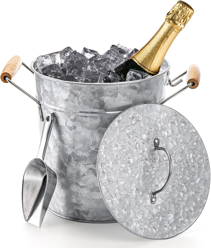 Frcctre Farmhouse 4 Liter Ice Bucket with Lid, Galvanized Metal Beverage Tub with Scoop and Handles, Drink and Wine Chiller for Bar, Party, BBQ, Great for Indoor and Outdoor Use