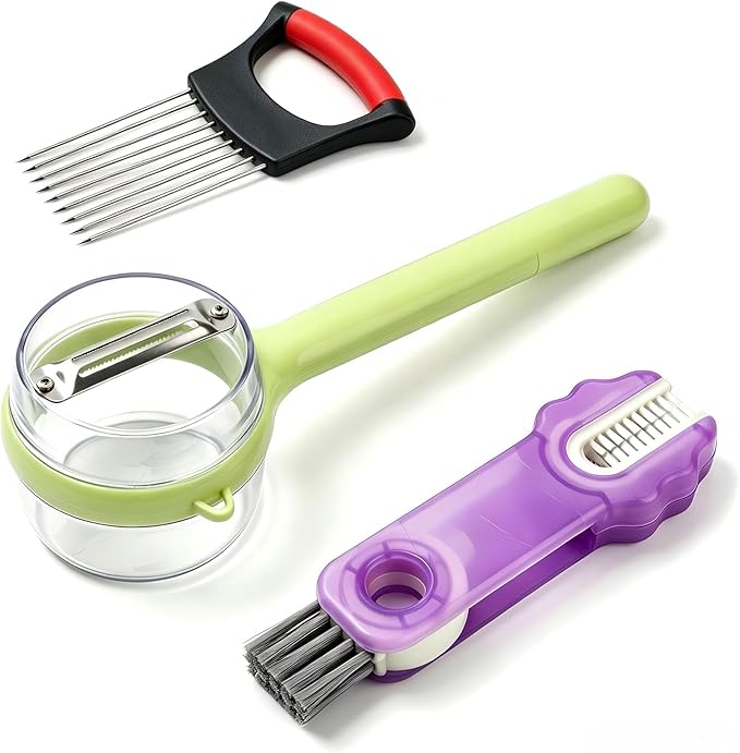 3-Piece Kitchen Set – Stainless Steel Onion Holder Slicer with 10 Forks, Peeler with Storage Box, 3-in-1 Cup Lid & Gap Brush – for Slicing Potato, Avocado, Eggs, Lemon, Meat