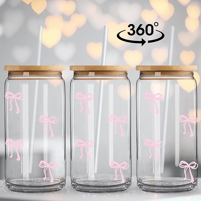 BIPEDS Coquette Cute Pink Bow Glass Cups with Lids and Straws, Aesthetic Iced Coffee Cup, Girly Preppy Design Tumbler Mug, Valentines Christmas Birthday Gifts for Women, Teen Girl Gifts Trendy Stuff