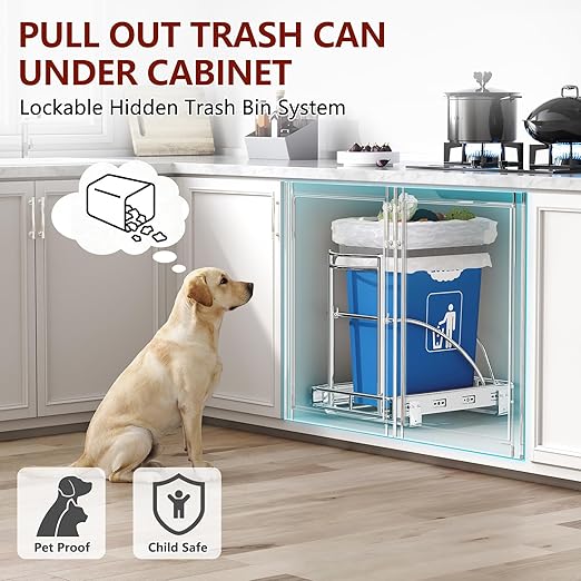 ANASTA Under Sink Trash Can Pull Out Trash Hidden for 30-50 Qt 7-13 Gallon Garbage Can Under 13" Wx19 Dx17 H Cabinet, Silver Pull Out Kit with Full Extension Slide for Kitchen and Bathroom, Not Bin