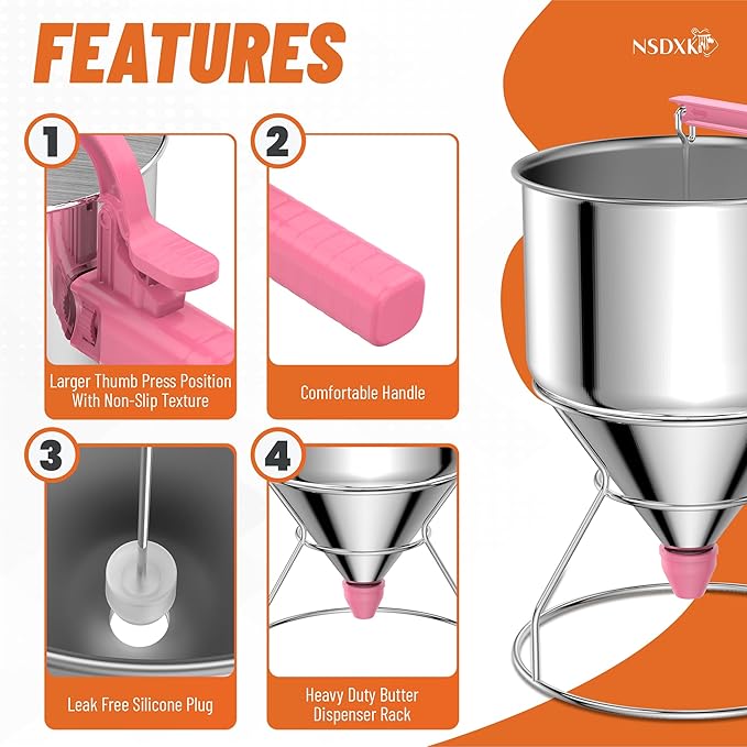 40oz Pancake Batter Dispenser, Stainless Steel Cake Dispenser with Stand, Great for Pancakes, Cupcake, Waffle or Any Baked Goods, Durable, Leak-Free, Paradise Pink