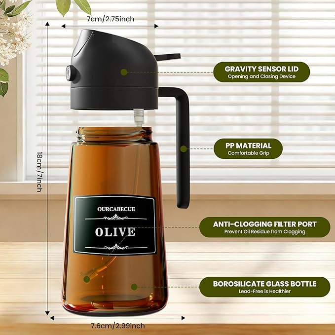 OURCABECUE 2 in 1 Olive Oil Sprayer for Cooking, 16oz/470ml Light-Blocking Dark Olive Oil Dispenser Bottle for Kitchen, Food-Grade Glass Oil Mister with 8 Oil Stickers