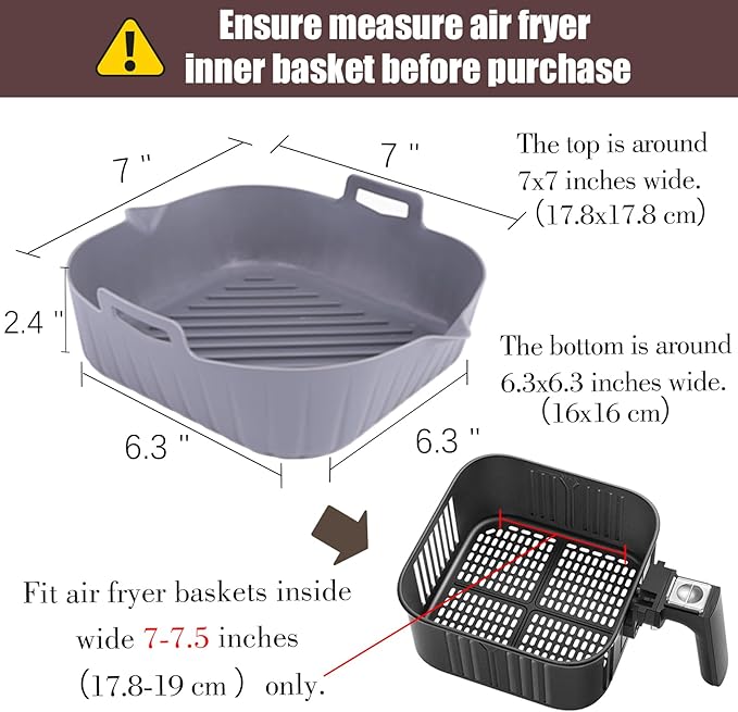 Golden Associate Silicone Liners Square for 6.5 to 7.5 inch Air Fryer, 2 Pcs Non-stick Food-grade Reusable Basket Baking Tray Airfryer Accessories, Top Size 7 inches, Bottom Size 6.3 inches