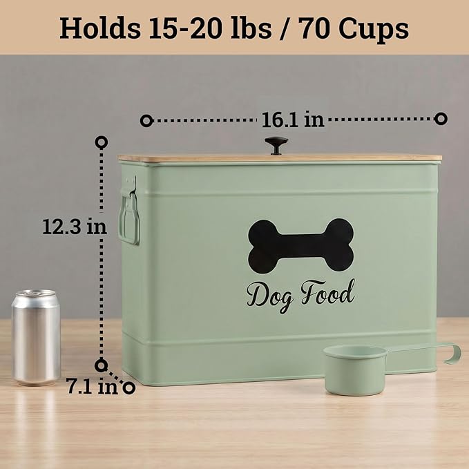 Dog Food Container Airtight 15 lb (50 Cup) Capacity with Metal Scoop - Cute Airtight Dog Food Storage Container with Bamboo Lid - Green Metal Kibble Storage Bin for Dogs up to 100 lbs - Big Pet Jar