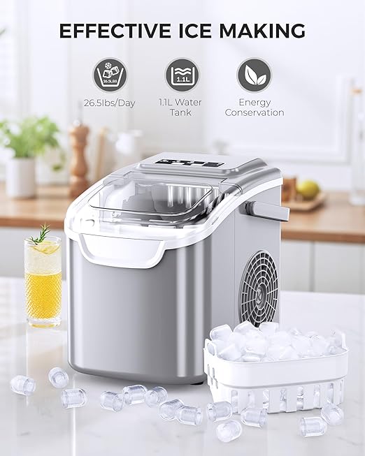 COWSAR Ice Maker Countertop, Portable Ice Makers Countertop, 26.5lbs/24Hrs, 8 Bullet Ice Cubes in 6 Mins, Ice Basket and Scoop, Self Cleaning Mini Ice Machine for Home, Kitchen, Camping