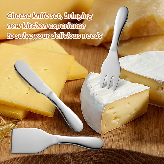 Cheese Knives Set Stainless Steel Silver 7 Pieces Kitchen Utensils Include Cheese Knife, Cheese Spreader, Cheese Forks, Cheese Slicer, Cheese Cutter, Butter Knives Server