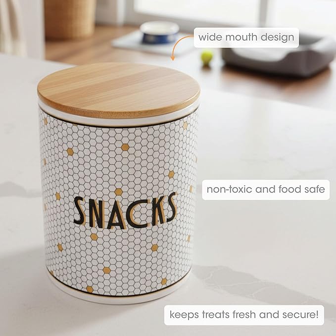 Pearhead Ceramic Dog Treat Jar with Wooden Lid – Bistro Tile Dog Biscuit Container for Countertop, Airtight Stoneware Pet Treat Storage Canister for Puppy Treats & Training Rewards