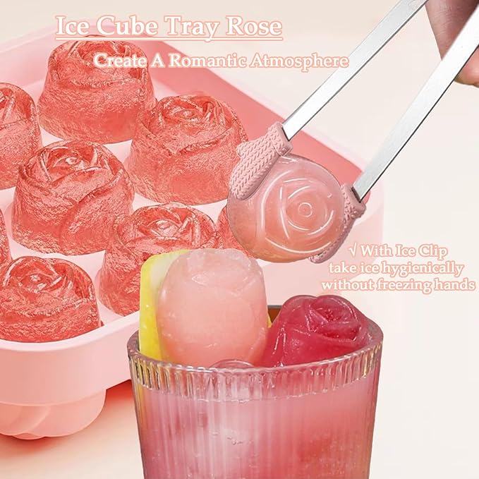 Ice Cube Mold with Lid, Silicone Rose Ice Cube Tray with Mini Tongs, Rose Ice Cube Trays for Freezer, Easy Release Ice Trays Maker, Make 9 Ice Ball Maker Mold Flower Ice Tray Mold for Cocktail