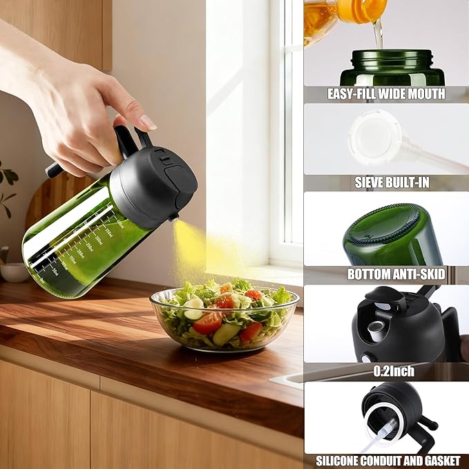 OURCABECUE Upgraded Made Oil Sprayer for Cooking 2 Set, 2 in 1 Spray and Pour Olive Oil Dispenser 16oz 470ml Dark Green Oil Spray Bottle, Mist Olive Oil Dispensing with Scale & 8 Labels