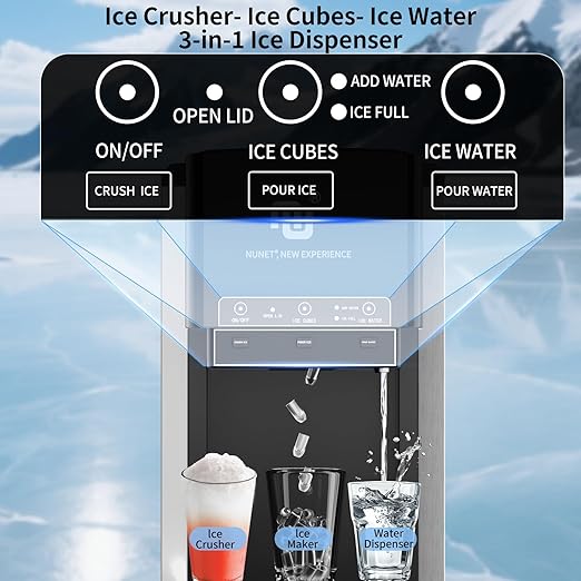 NUNET 3-in-1 Water Bottle Bottom-Loading Ice Dispenser Water Cooler Crusher, Built-in 6L Water Tank, Produces 44lbs Bullet Ice/Shaved Ice Daily, 4 lbs Ice Storage (NOT for Water Line)