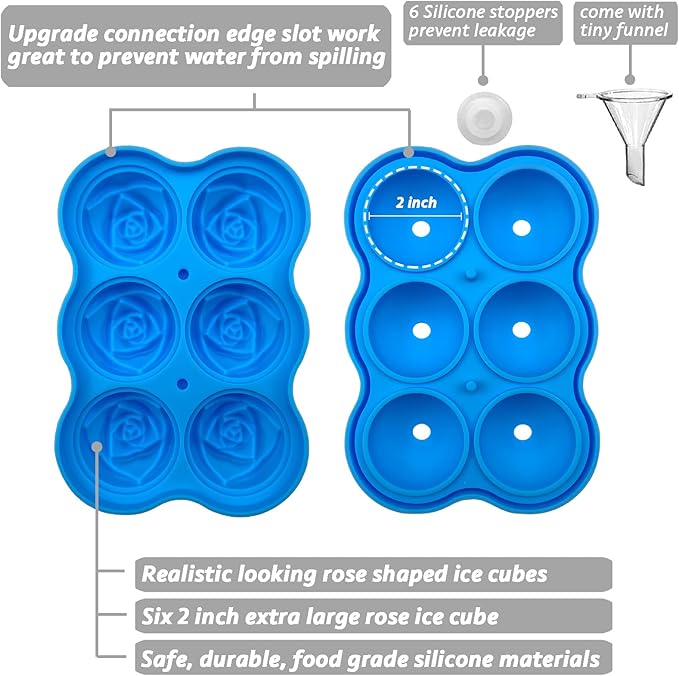 CAMKYDE Rose Ice Cube Tray 2 Inch [1 Mold + 1 Funnel + 6 Stoppers], 6 Cavity Silicone Rose Ice Cube Mold for Whiskey, Chilling Cocktails, Bourbon, Juice (Blue)