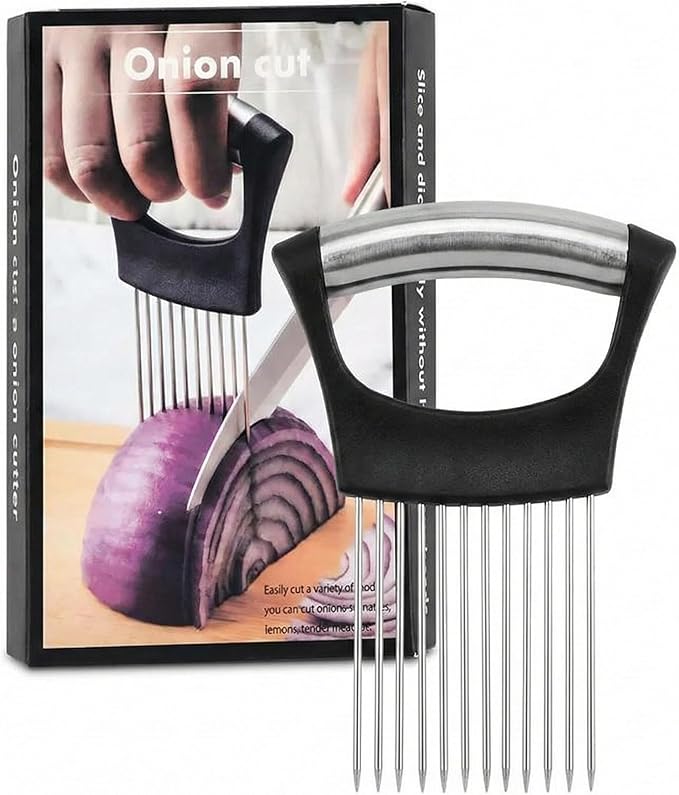 Onion Holder & Food Slicer Guide – Heavy Duty Stainless Steel Meat Tenderizer & Vegetable Cutter – Odor-Free Finger Guard for Onions, Tomatoes & Lemons (Dishwasher Safe)