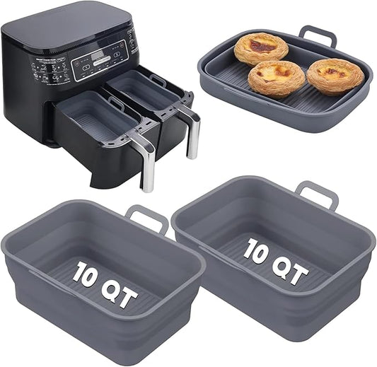 Collapsible 2-Pack Air Fryer Silicone Liners for 10QT NINJA Foodi Dual, Reusable Rectangular Silicone Basket Pot for Air Fryer Accessories (Gray)