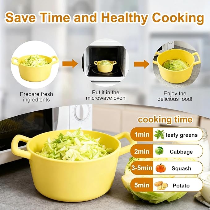 Silicone Microwave Steamer for Cooking, Yellow Vegetable Steamer, 40oz Microwave Bowls with Lids & Handles for Egg Dumpling Heating Food for 1 to 2 people, Easy Clean, Dishwasher Safe