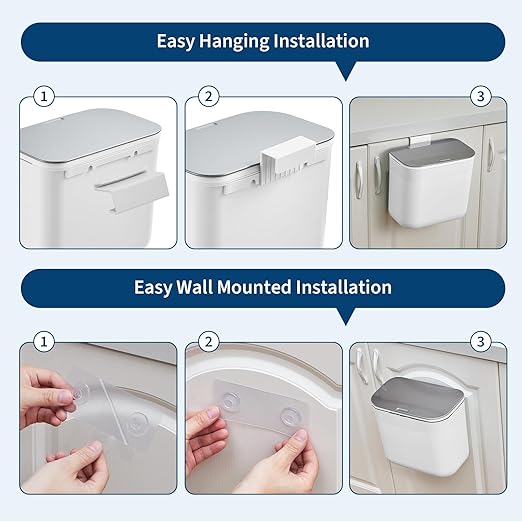 1.8 Gallon/7L Hanging Trash Can with Stainless Steel Lid, Mountable Compost Bin for Kitchen Cabinet Door, Under Sink Food Waste Container for RV, Bathroom, Office