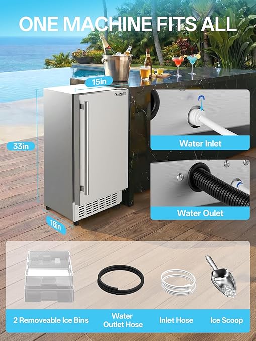 Coolski Nugget Ice Maker Machine Commercial, Ready in 6 Minutes, Under Counter Outdoor Ice Machine for Home Party RV, Self-Cleaning & Timer, 130Lbs/Day