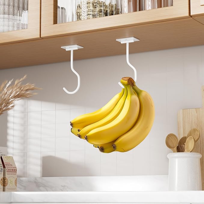 bussdis Banana Hook Under Cabinet: Foldable Banana Hanger Adhesive, Hanging Banana Holder, Stick On, Premium Material, Can Hold 20 Bananas, White