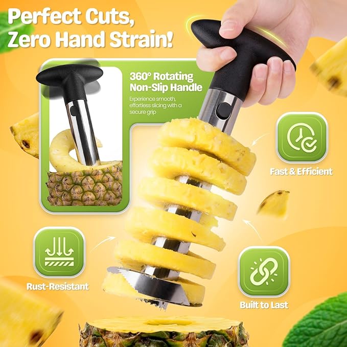 Flexzion Pineapple Corer Slicer Peeler, Stainless Steel Eye Remover Decorer Wedger Cutter, Spiral Cutting Tools with Metal Blade, Non-Slip Grip for Fruit Rings, Home Kitchen Restaurant Chef Use