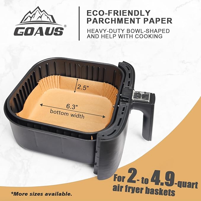 GOAUS Air Fryer 100pcs Square Paper Liners Disposable for 2 to 5 Qt Basket, 6.3 inch Unbleached Non-stick Oil-proof Parchment Paper