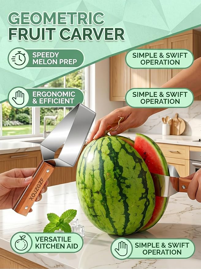 Triangle Watermelon Cutter, Stainless Steel with Wooden Handle - Melon Slicer, Fruit, Pineapple Fork Knife Gadgets Tool, Cantaloupe Peeler Cutting Summer Cut, for Kitchen Home Camping Picnic(3PCS)