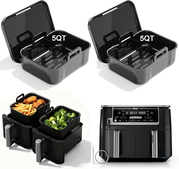 Air Fryer Silicone Liners Thickening Reusable with Lid for Ninja 10QT DZ550 DZ401 DZ302 SL401 Dual Air Fryers, 2 Pack Air Fryer Accessories for COSORI, Chefman, Instant 5-8QT Air Fryer Basket