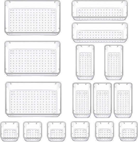16 Pack Drawer Organizer Set, 4-Size Desk Drawer Organizer Fridge Storage Trays Containers Organization Food Storage Snack Organiser Storage Bins for Makeup Kitchen Utensils Gadgets Office