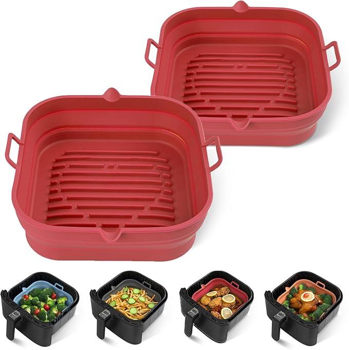 [2 Pack] Silicone Air Fryer Liners Square - Reusable Airfryer Basket - Easy to Clean Air Fryers Pot for 5.8 to 8 Qt Large Air Fryer Baking Tray Oven Accessories, 8.5 Inch