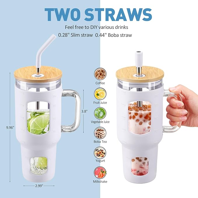 WINSA Glass Tumbler with Straw and Lid, 40 oz glass cup with handle, Glass Water Bottles with Time Marker, Silicone Protective Sleeve-White