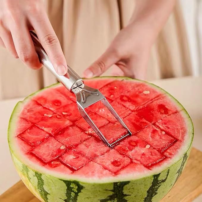 2-in-1 Stainless Steel Fruit Cutter, 2 Pcs Watermelon Fork Slicer Cutter, Dual Head Watermelon Cuber Cutting Tool Knife Summer Fruit Cutting Fork for Home Party Camping Kitchen Gadget