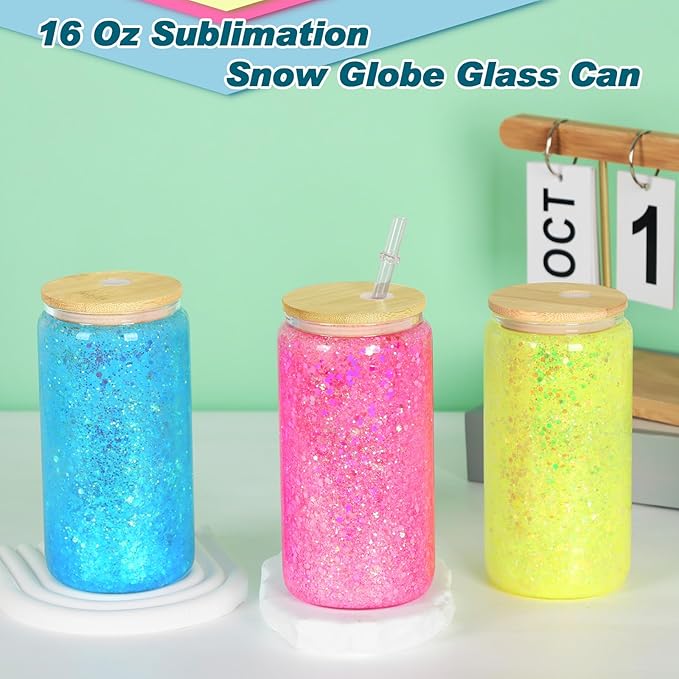 8 Pack 16 Oz Sublimation Snow Globe Tumbler, Snow Globe Cups with Pre Drilled Hole, Double Wall Beer Can Glass Mason Jar Mug with Bamboo Lids and Straws for Snowglobe DIY