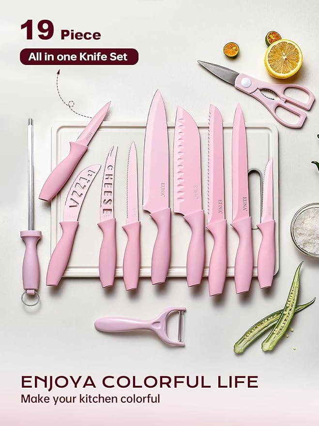 EUNA Knife Block Set, 19 PCS Kitchen Knife Set with Acrylic Block and Sharpener, German High-Carbon Stainless Steel Knife Sets with 6 Serrated Steak Knives, Bread Knife, Chef Knife, Rust-Proof